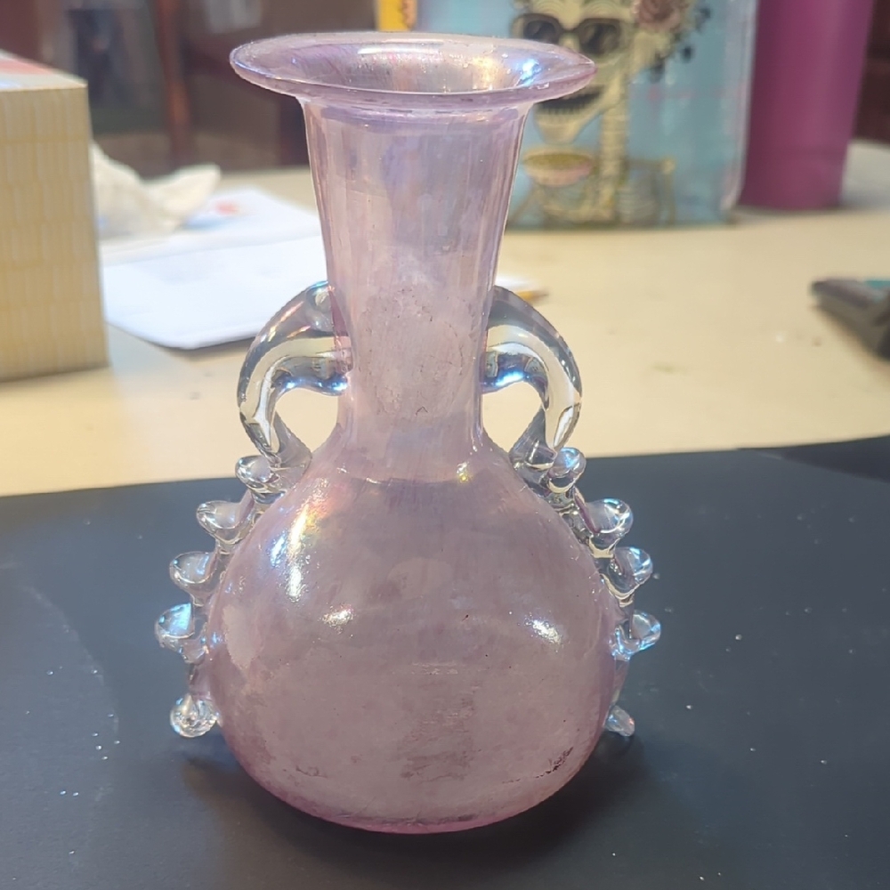 Elegant Pink Glass Vase with Clear Handles